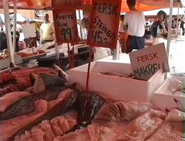 Plenty of fresh fish for sale in the Bergen Fish Market at Torget, Bergen, which has set up since we were here last night